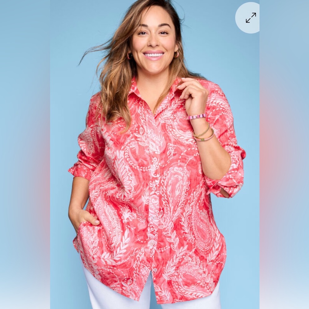 NWT, Talbots Linen Boyfriend Shirt - Brushed Paisley, Sz Petite Lg - Picture 2 of 16